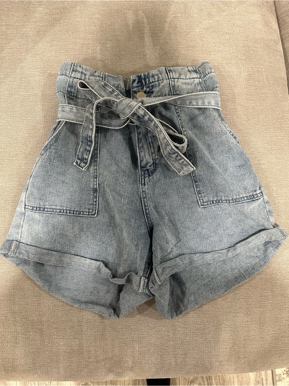 High-Rise Tie-Waist Paperbag Denim Shorts - Light Blue